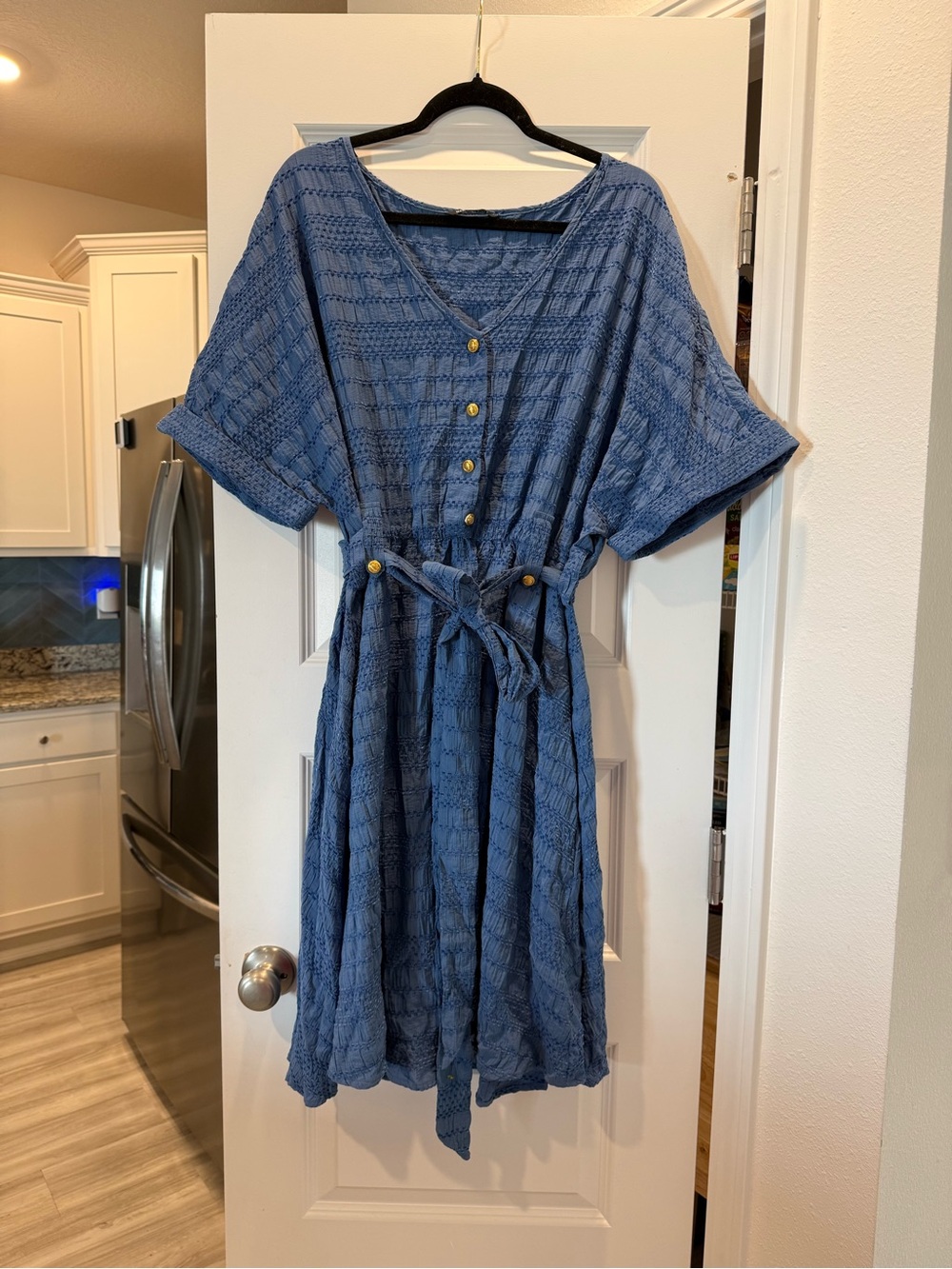 BloomChic Textured Blue V-Neck Midi Dress with Tie Waist - Picture 2 of 6